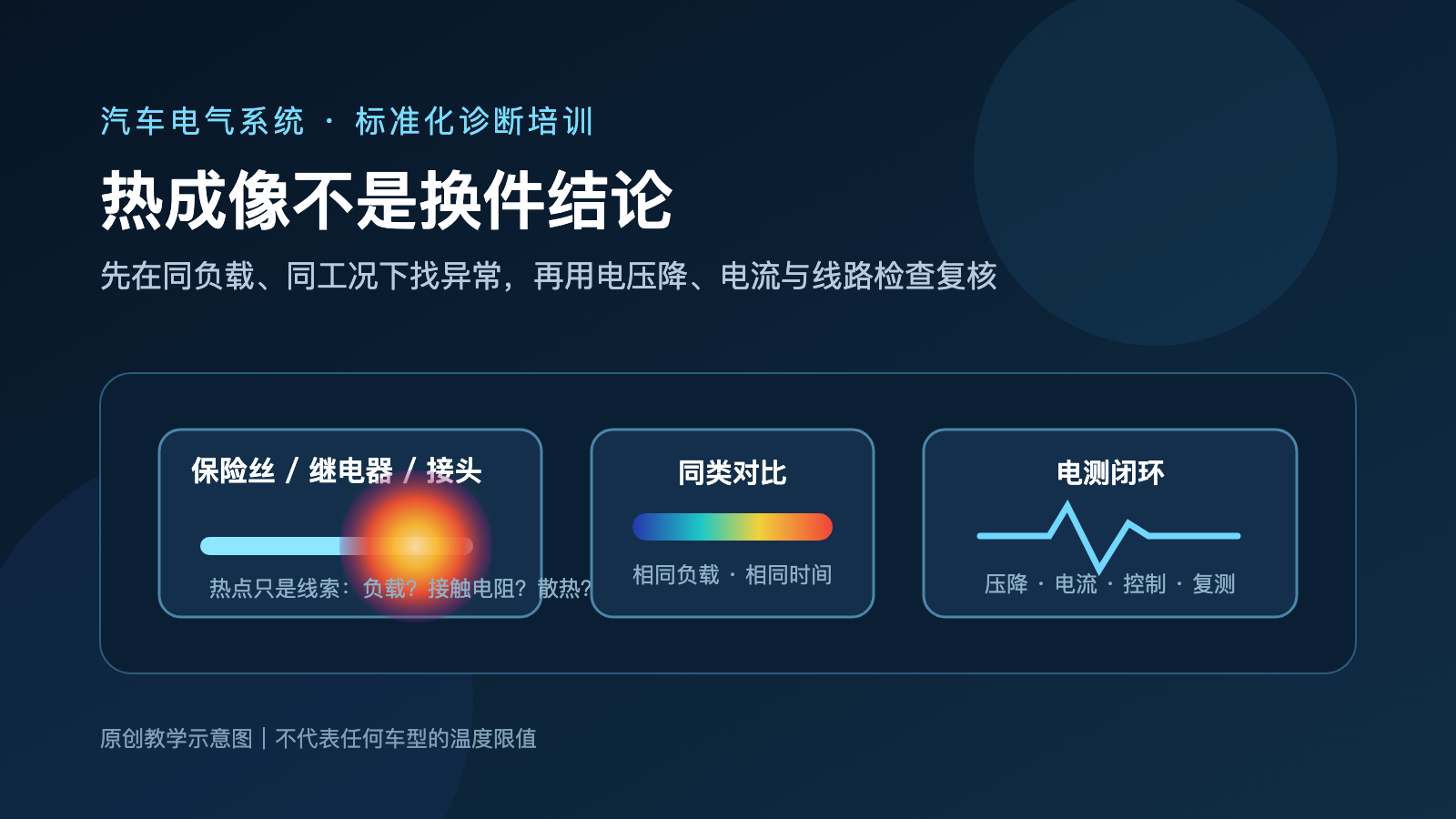 汽车电气系统热成像诊断培训封面,强调同负载比较与电测复核