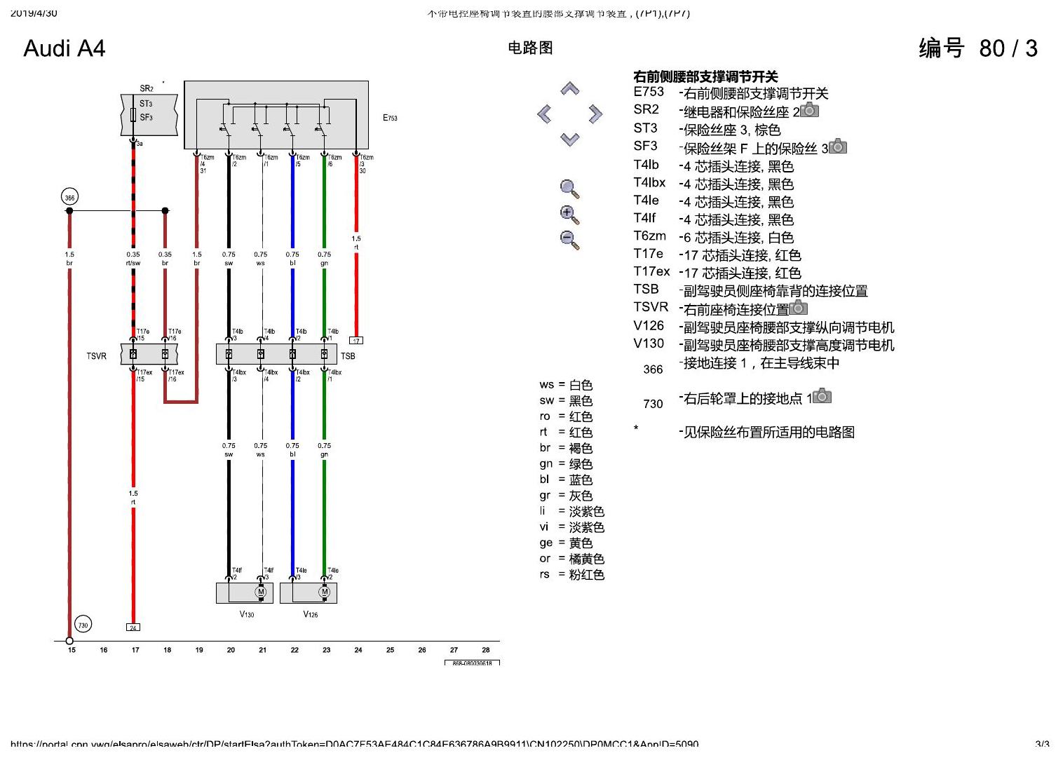 奥迪A4L B9 不带电控座椅调节装置的腰部支撑调节装置 , (7P1),(7P7) 电路图