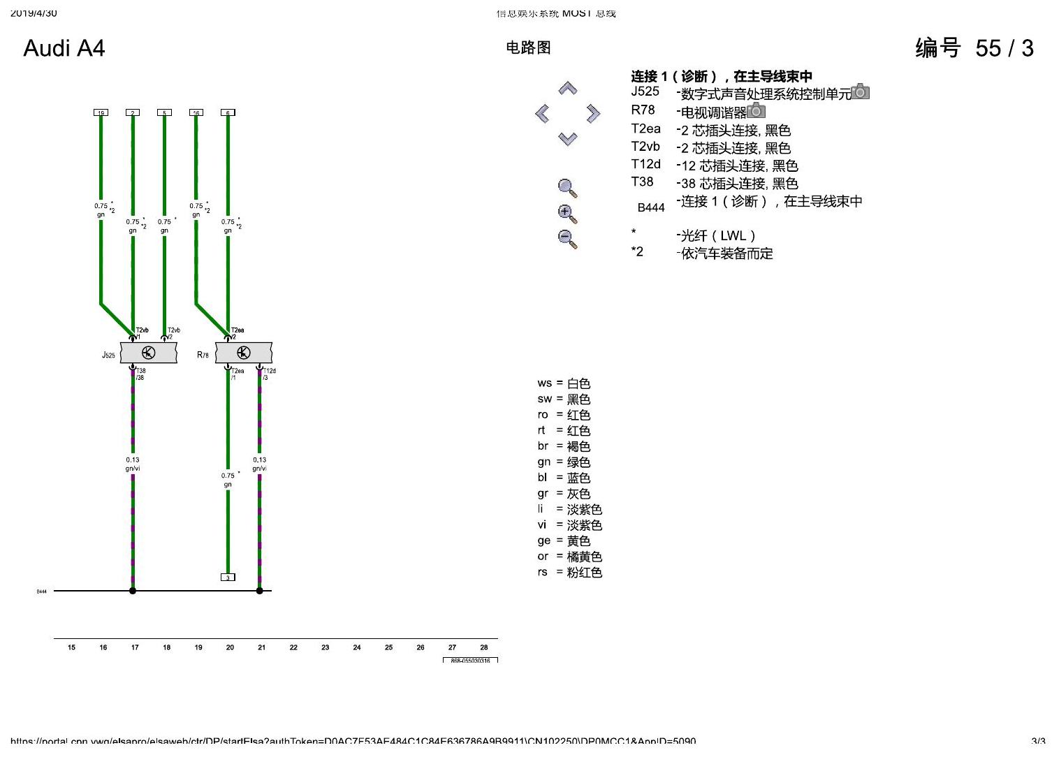 奥迪A4L B9 信息娱乐系统 MOST 总线 电路图