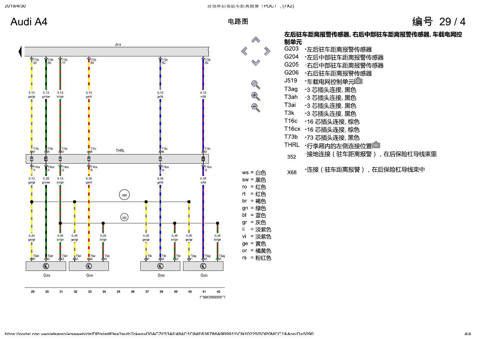奥迪A4L B9 前部和后部驻车距离报警(PDC) , (7X2) 电路图