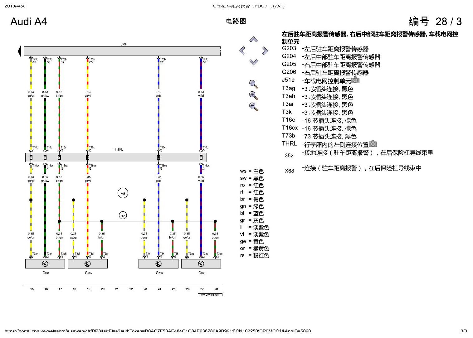 奥迪A4L B9 后部驻车距离报警(PDC) , (7X1) 电路图