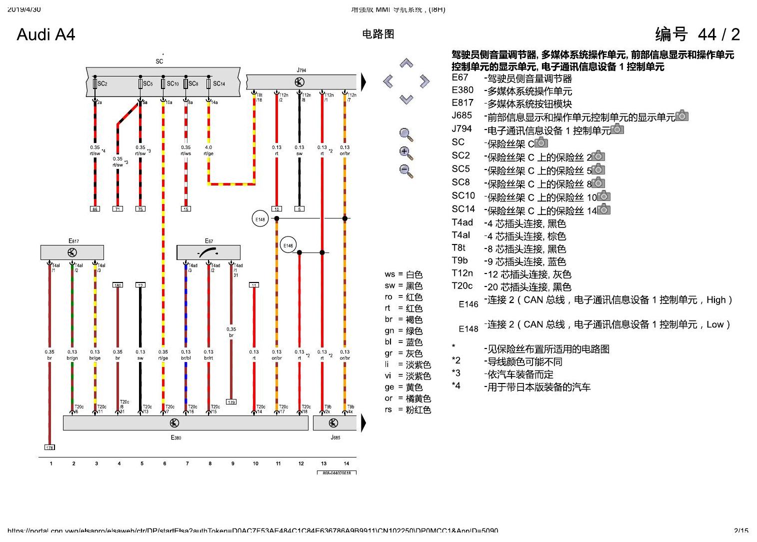 奥迪A4L B9 增强版 MMI 导航系统 , (I8H) 电路图