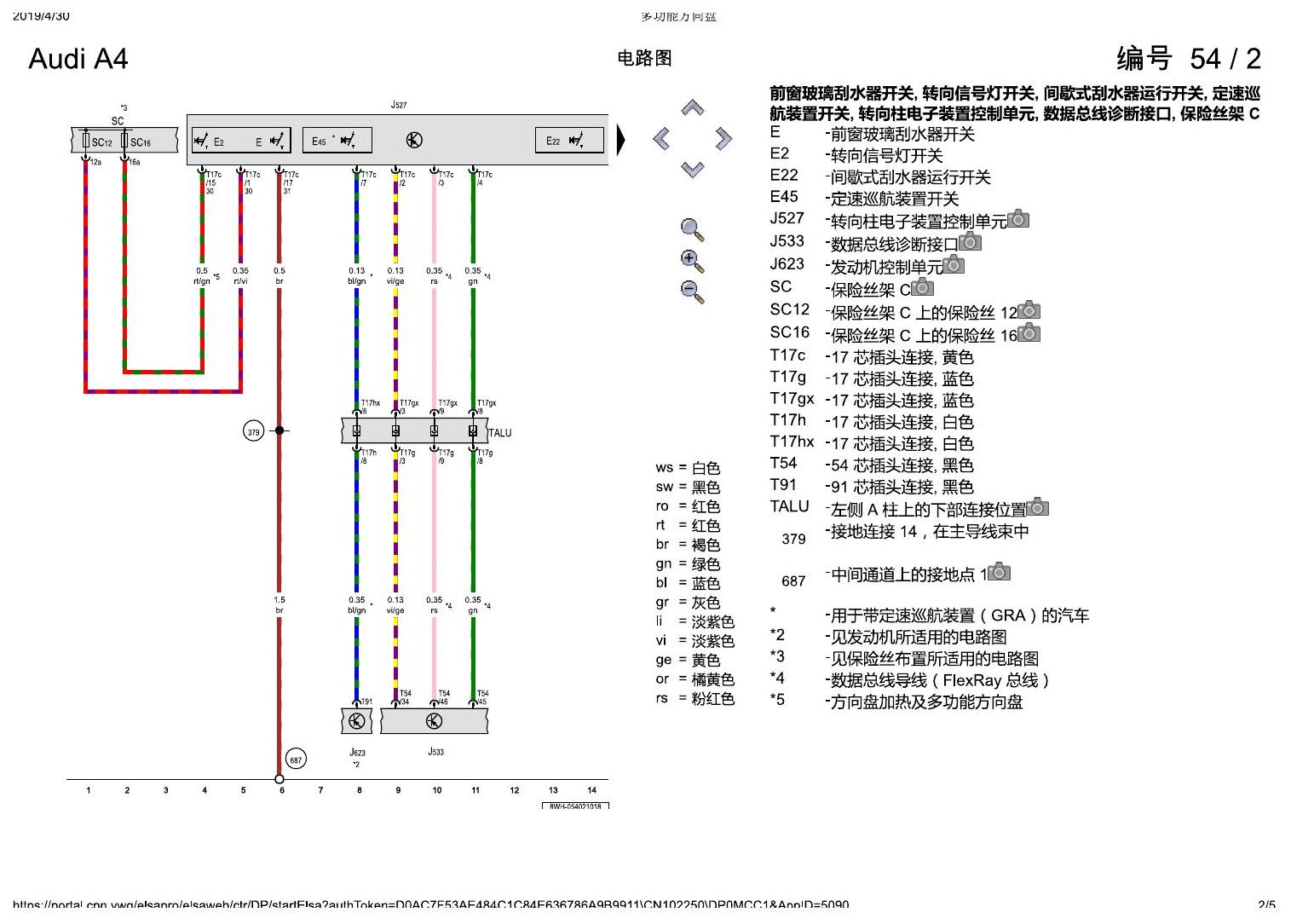 奥迪A4L B9 多功能方向盘 电路图
