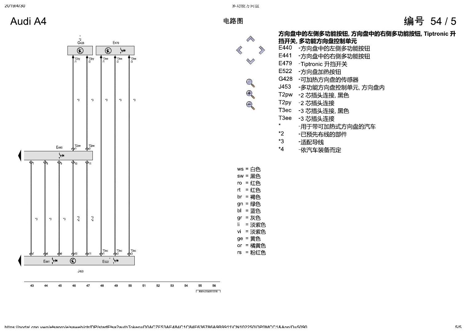奥迪A4L B9 多功能方向盘 电路图