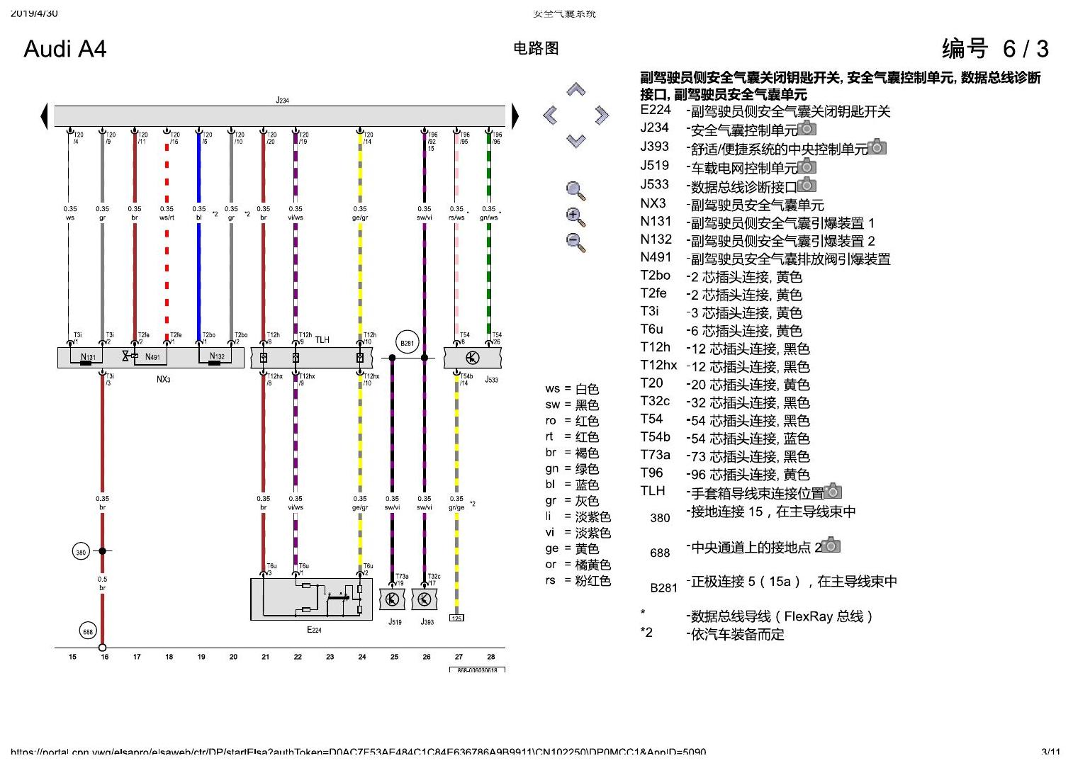 奥迪A4L B9 安全气囊系统 电路图