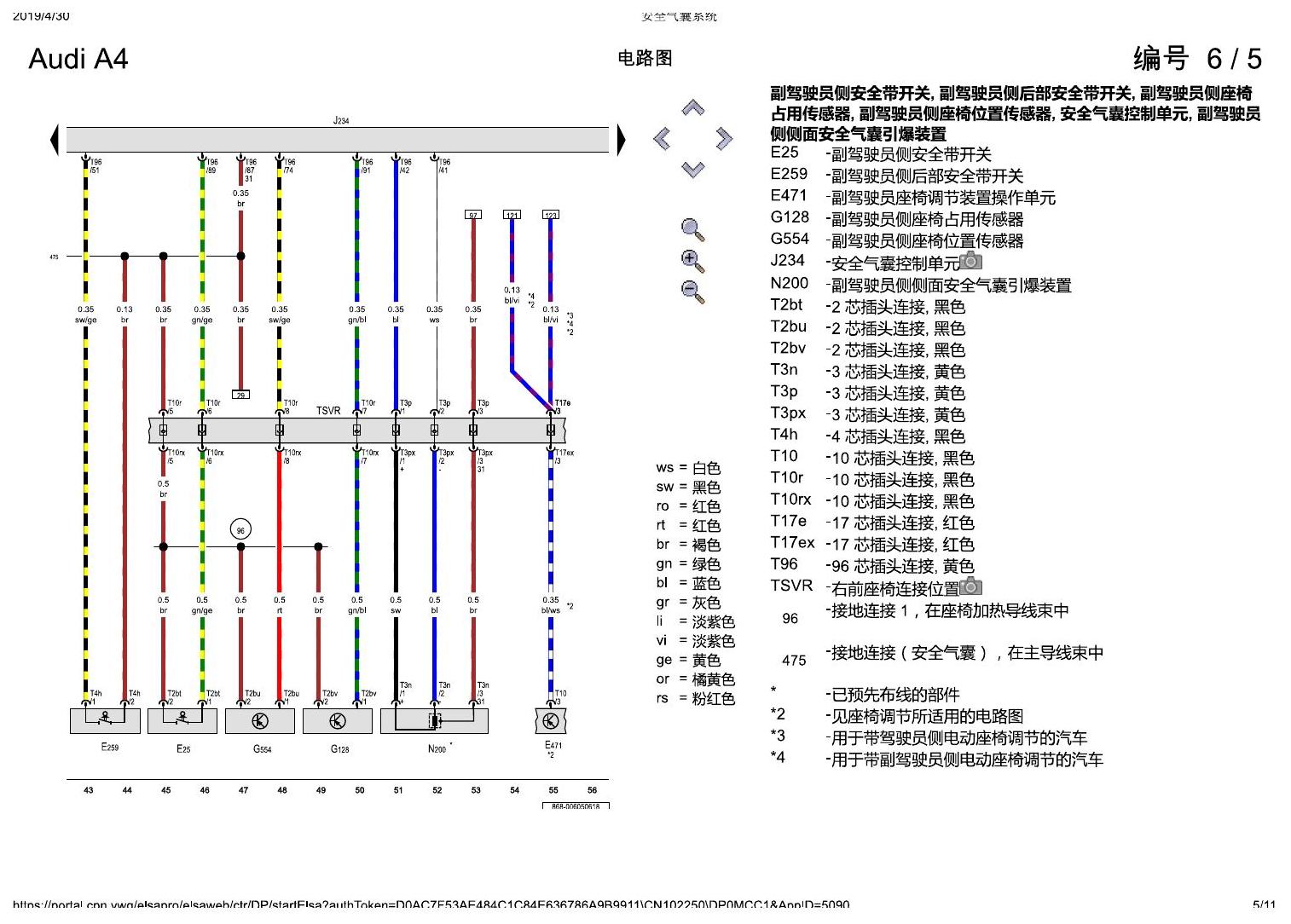 奥迪A4L B9 安全气囊系统 电路图