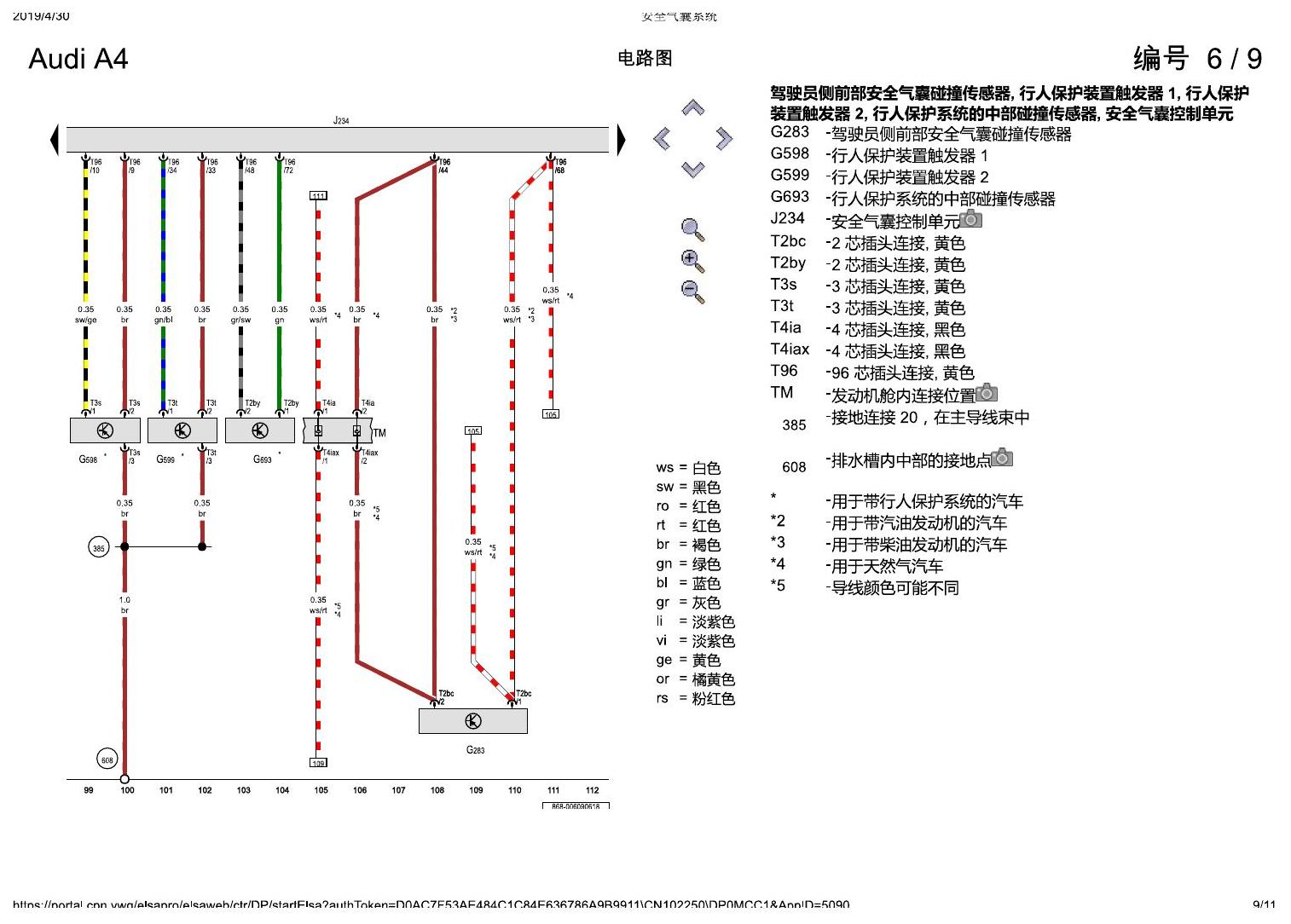 奥迪A4L B9 安全气囊系统 电路图