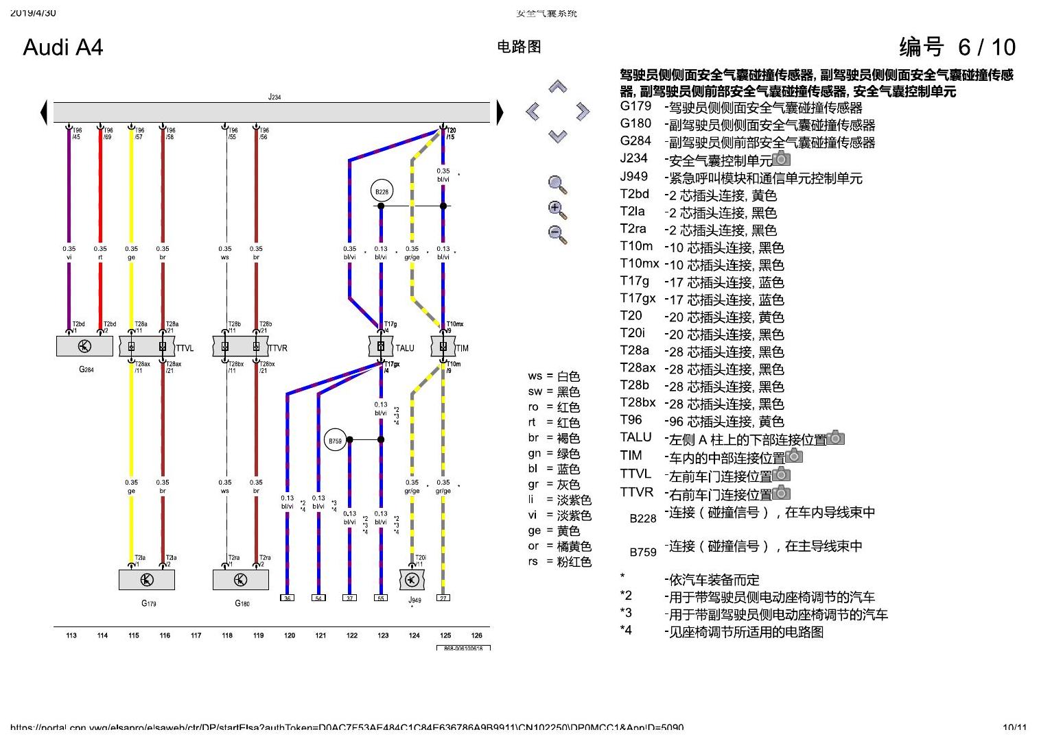 奥迪A4L B9 安全气囊系统 电路图