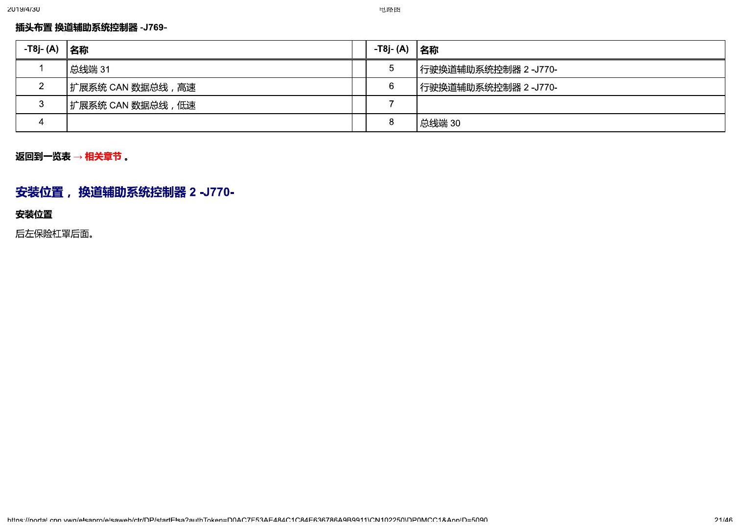 奥迪A4L B9 安装位置-车辆后部的控制器 电路图
