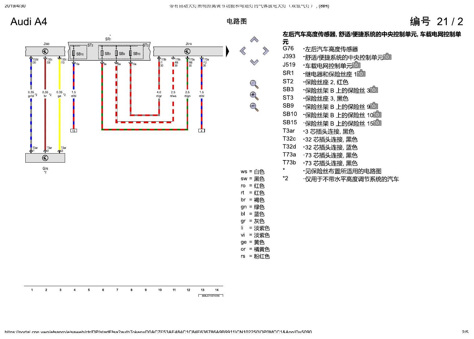 奥迪A4L B9 带有自动大灯照明距离调节功能和弯道灯的气体放电大灯(双氙气灯) , (8IH) 电路图