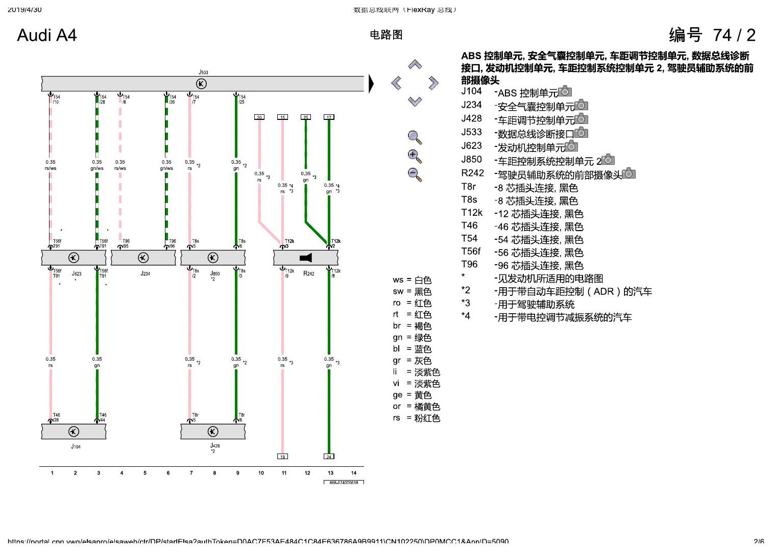 奥迪A4L B9 数据总线联网(FlexRay 总线) 电路图