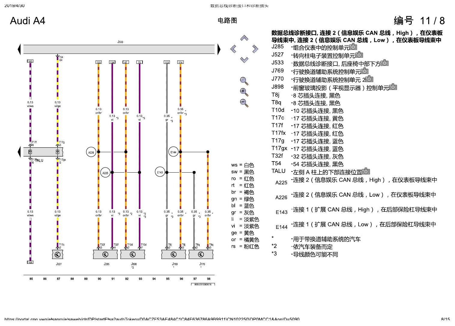 奥迪A4L B9 数据总线诊断接口和诊断插头 电路图