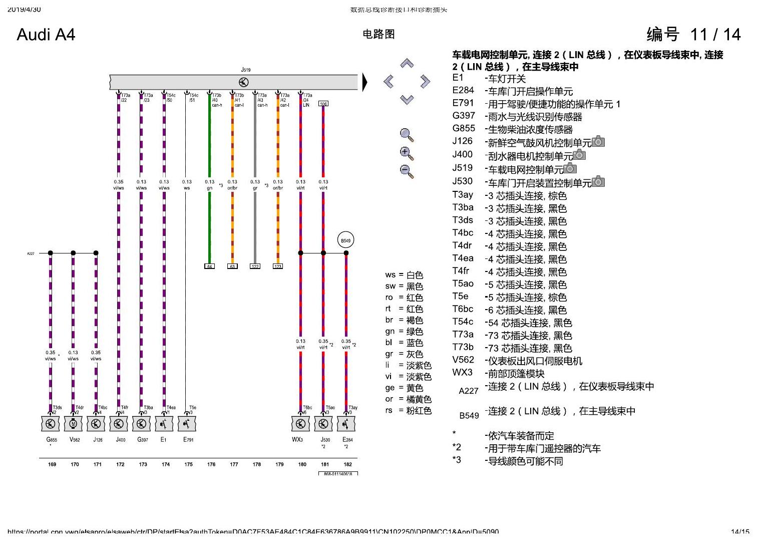奥迪A4L B9 数据总线诊断接口和诊断插头 电路图