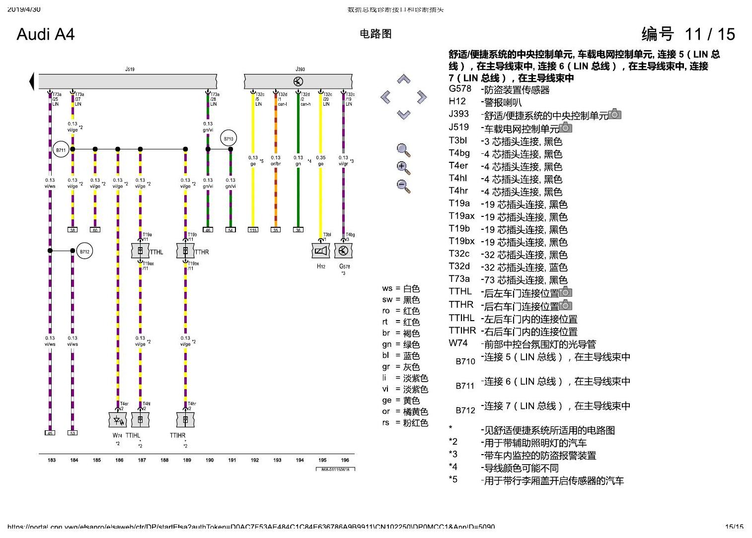 奥迪A4L B9 数据总线诊断接口和诊断插头 电路图