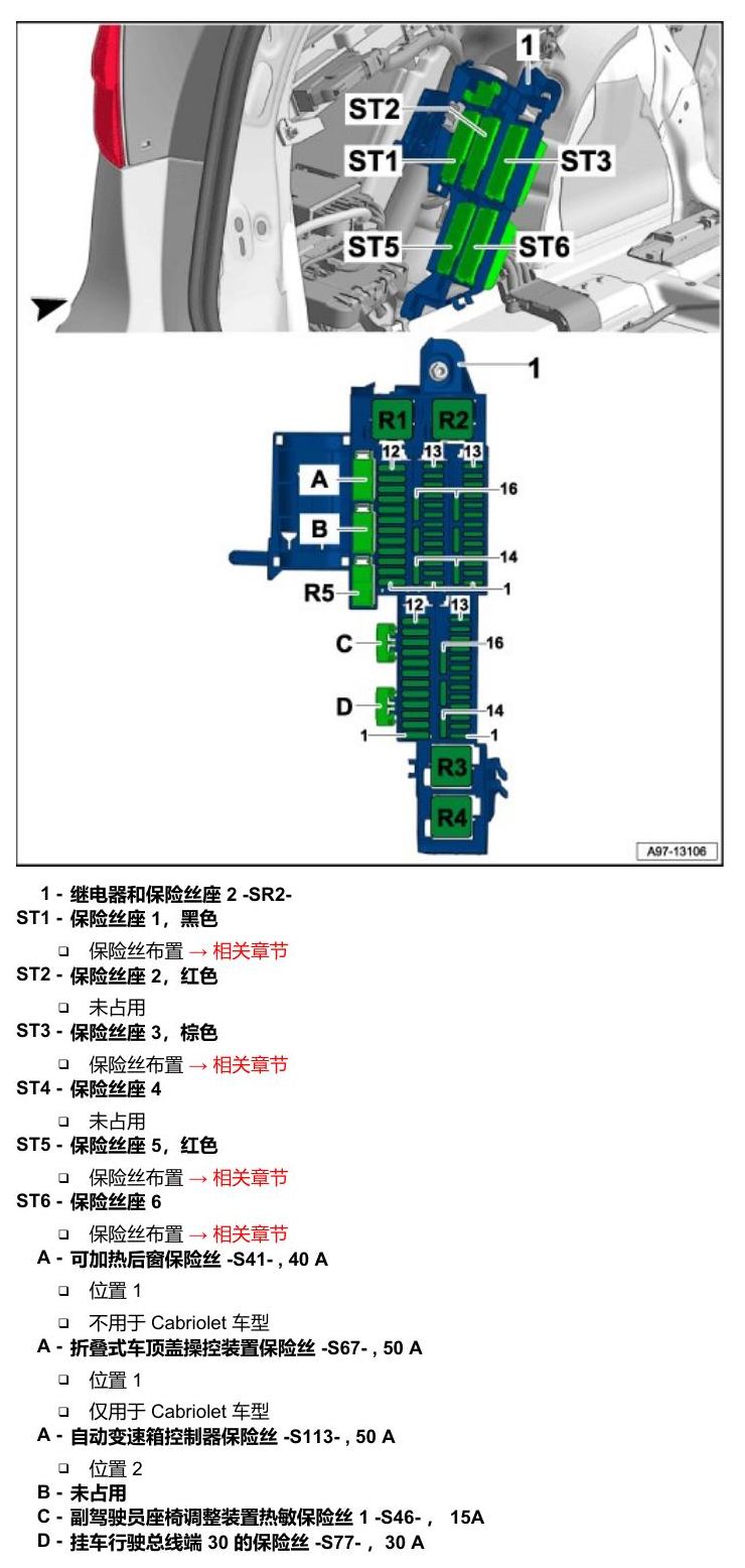 奥迪A5 安装位置 保险丝 电路图