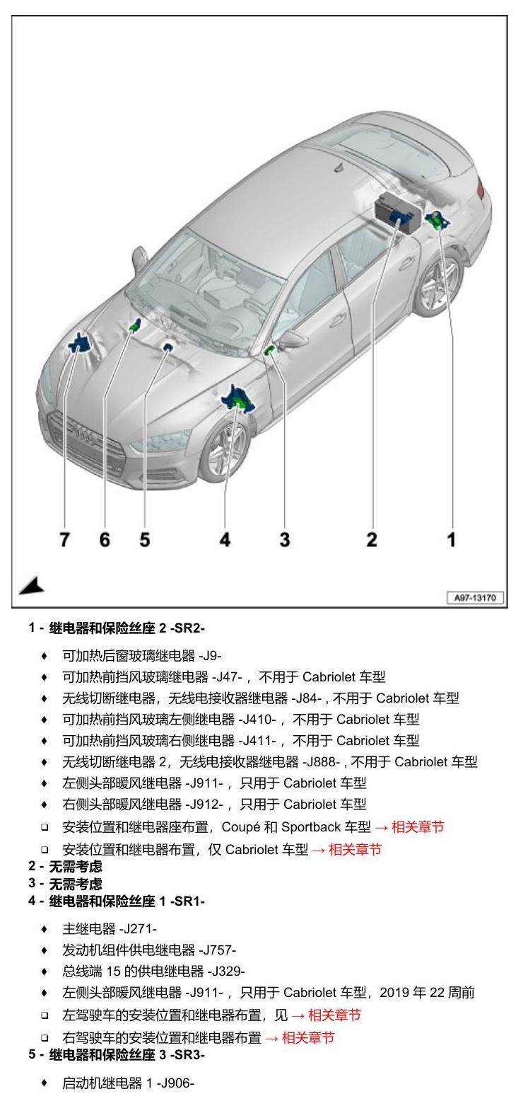 奥迪A5 安装位置 继电器 电路图