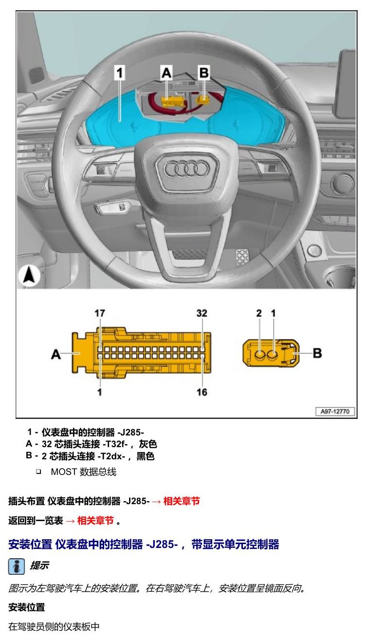 奥迪A5 安装位置 车辆中部的控制器 电路图