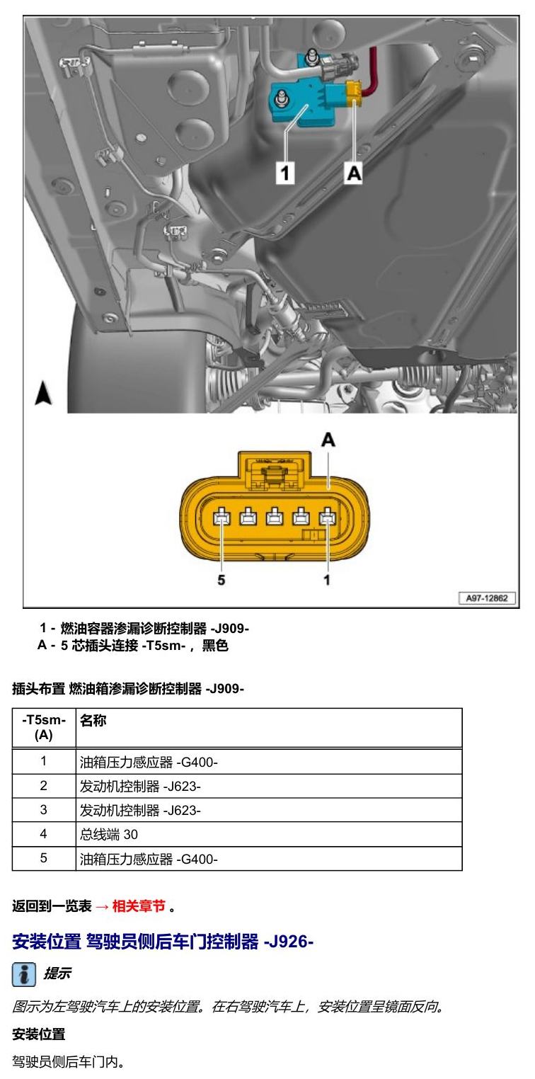 奥迪A5 安装位置 车辆中部的控制器 电路图