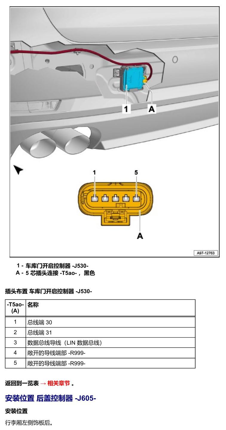 奥迪A5 安装位置 车辆后部的控制器 电路图