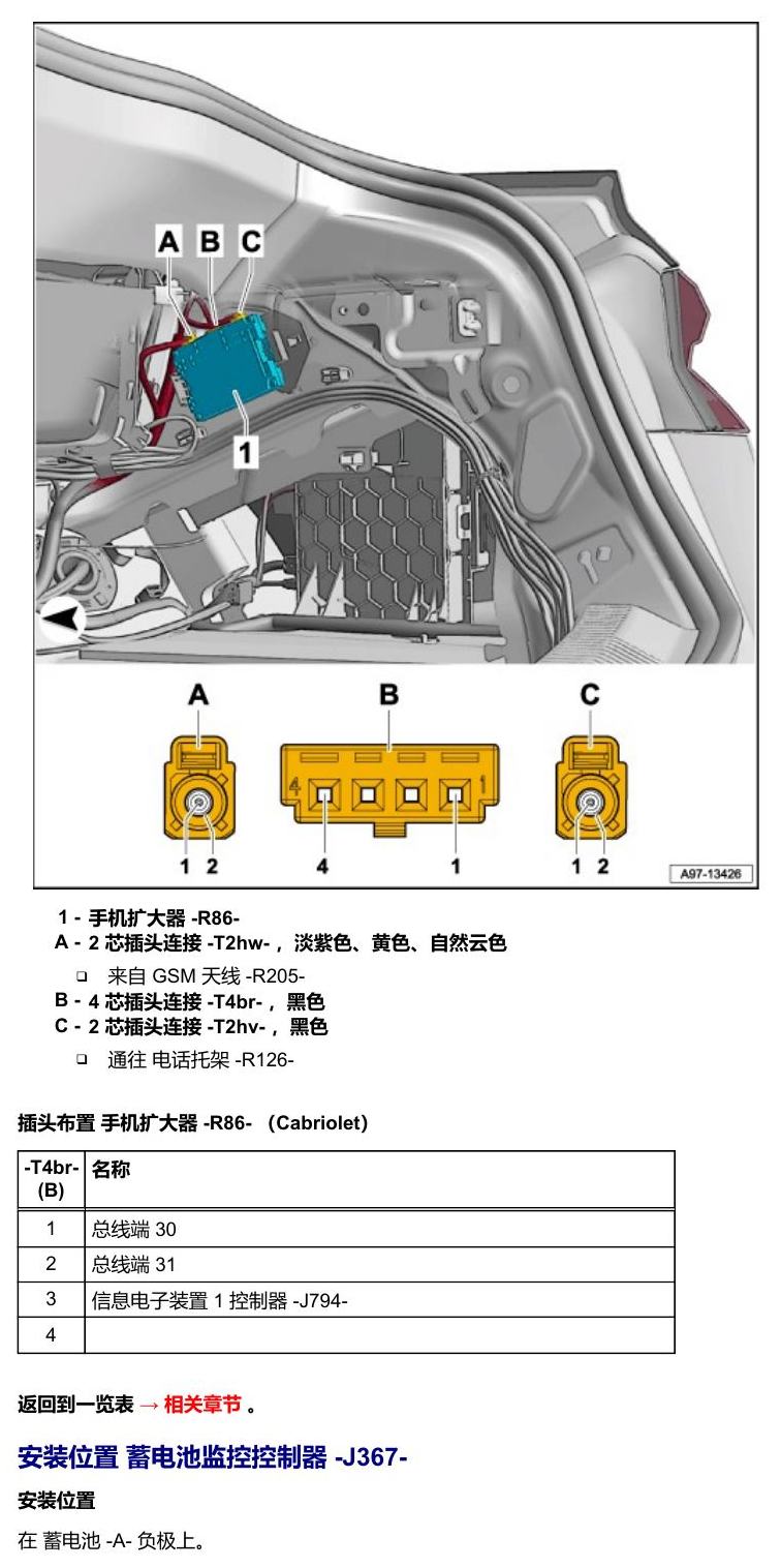 奥迪A5 安装位置 车辆后部的控制器 电路图
