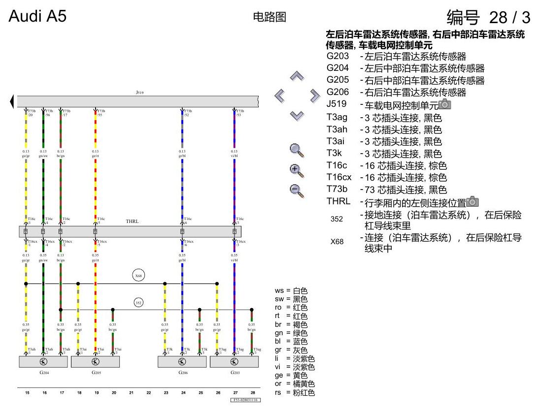 奥迪A5 电路图 后部泊车雷达系统(PDC) , (7X1) 电路图