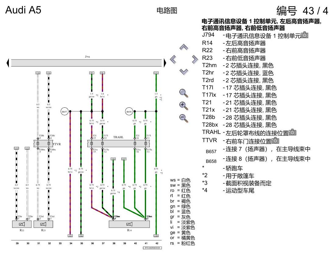 奥迪A5 电路图 带收音机的多媒体界面(MMI) , (I8E) 电路图