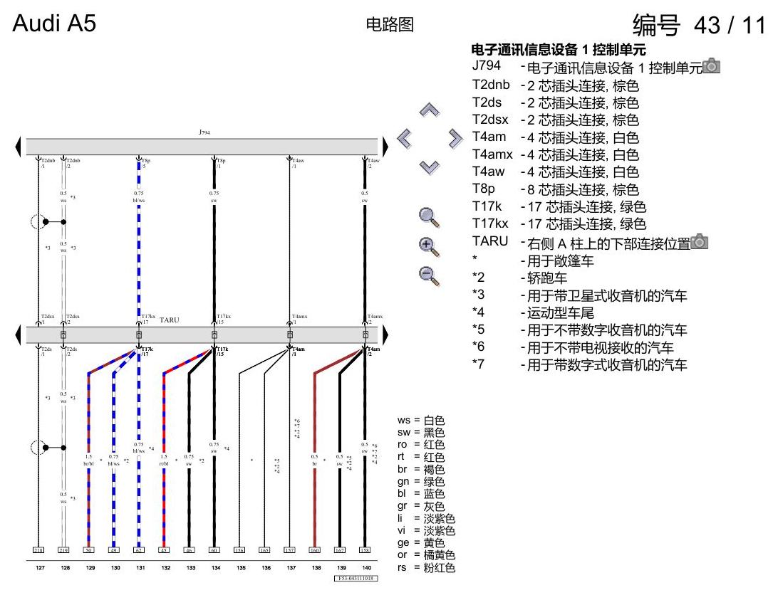 奥迪A5 电路图 带收音机的多媒体界面(MMI) , (I8E) 电路图