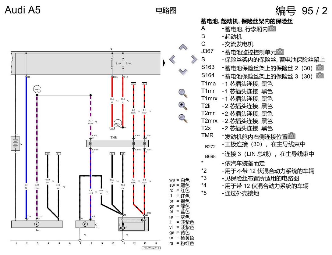 奥迪A5 电路图 蓄电池、起动机和交流发电机 , (VH0) 电路图