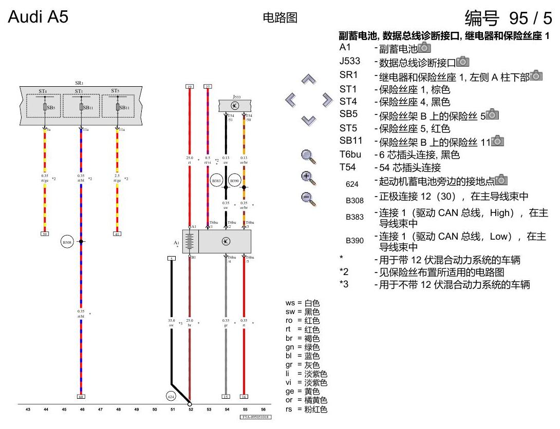 奥迪A5 电路图 蓄电池、起动机和交流发电机 , (VH0) 电路图
