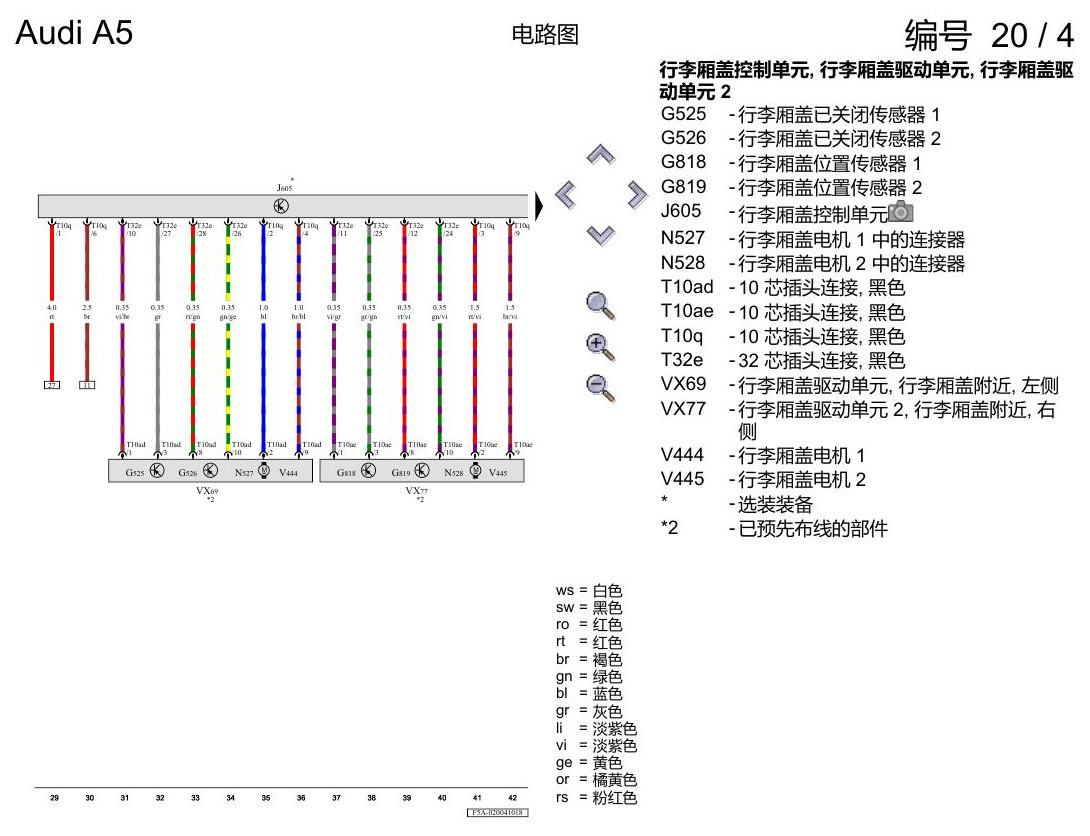 奥迪A5 电路图 行李厢盖和带发光二极管(LED)的尾灯,5 门车 , (8SK),(8SP) 电路图