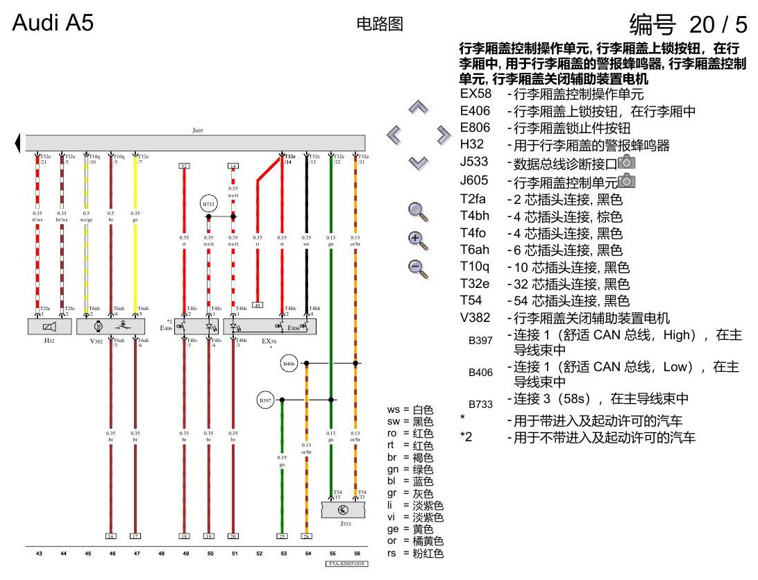 奥迪A5 电路图 行李厢盖和带发光二极管(LED)的尾灯,5 门车 , (8SK),(8SP) 电路图
