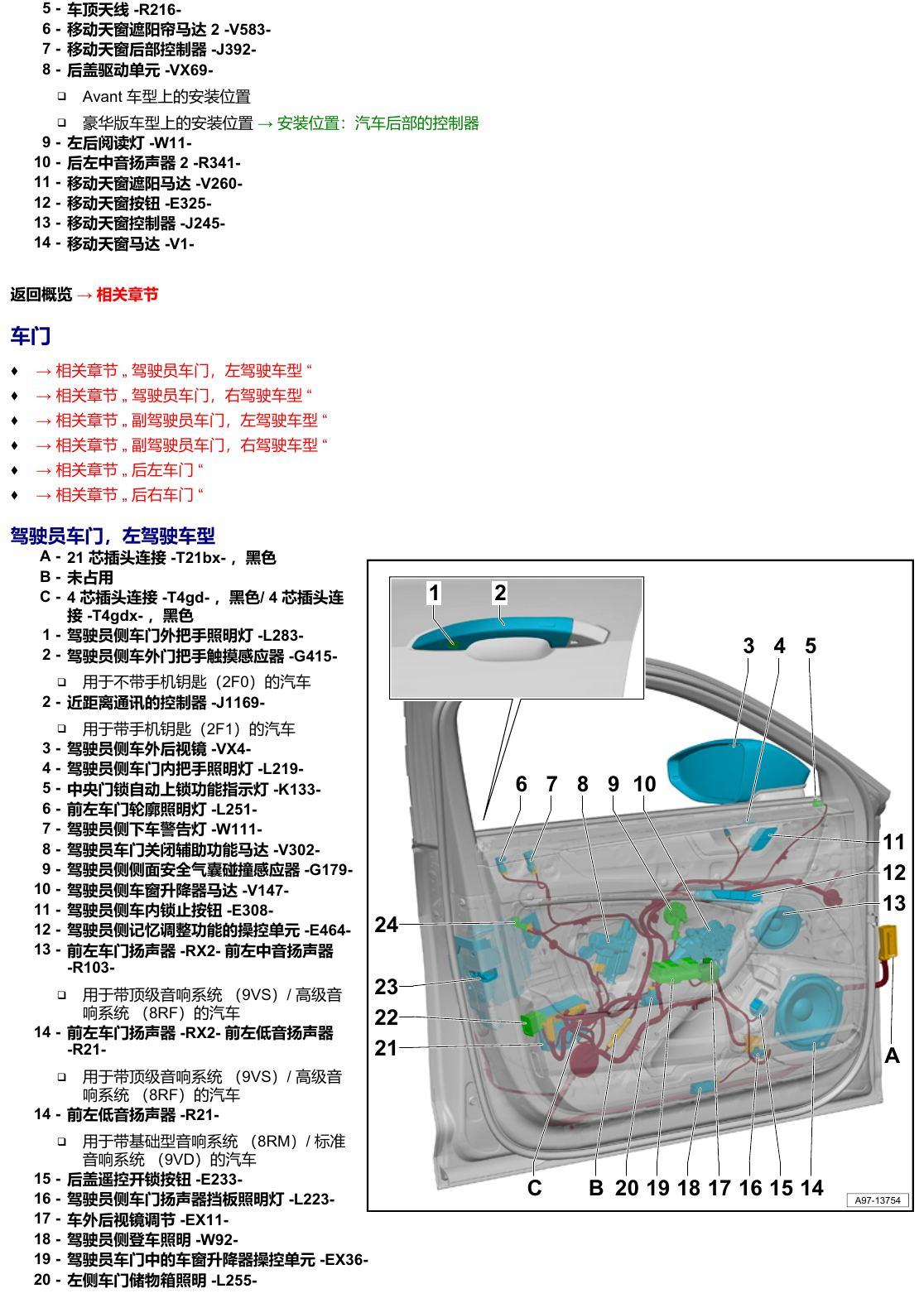 奥迪A6 C8 安装位置 汽车中部 电路图