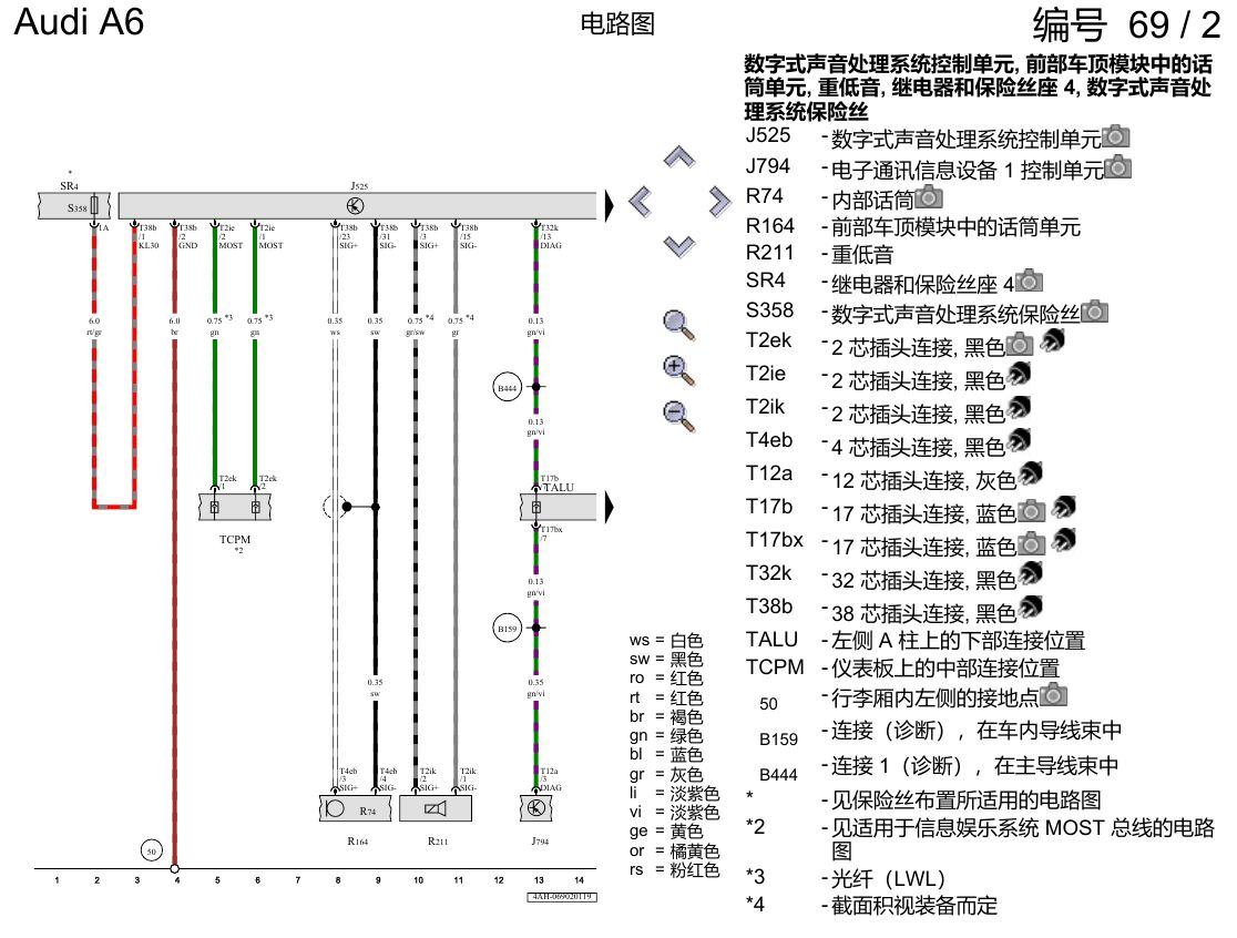 奥迪A6 C8 电路图 Bang & Olufsen 音响系统 , (8RF) 电路图