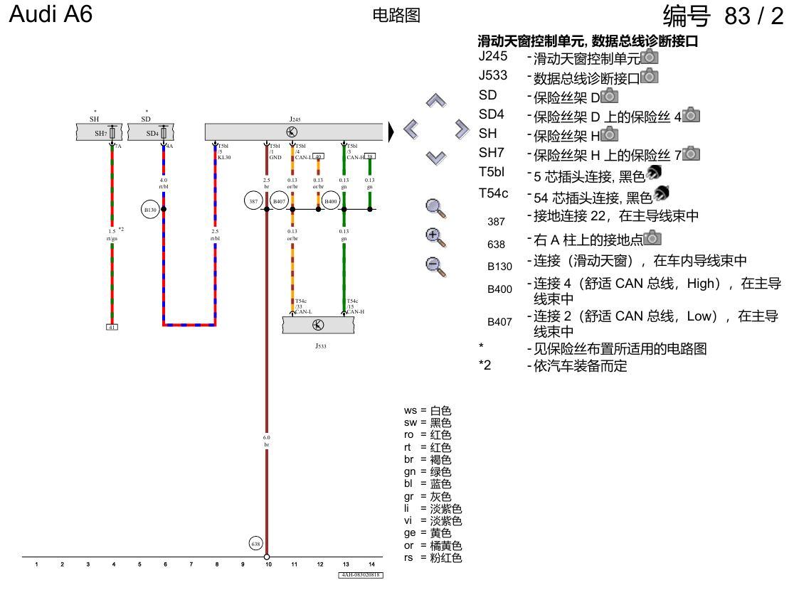 奥迪A6 C8 电路图 全景滑动天窗 , (3FB),(3FU) 电路图