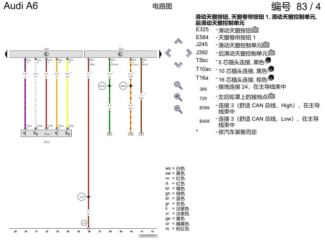 奥迪A6 C8 电路图 全景滑动天窗 , (3FB),(3FU) 电路图