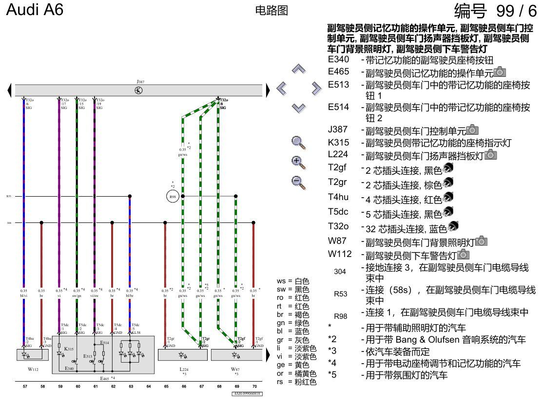奥迪A6 C8 电路图 副驾驶员车门 , (L0R) 电路图