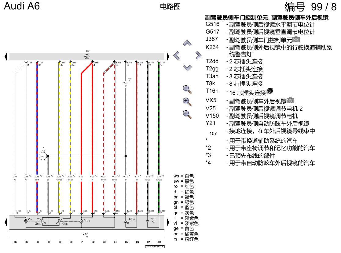 奥迪A6 C8 电路图 副驾驶员车门 , (L0R) 电路图