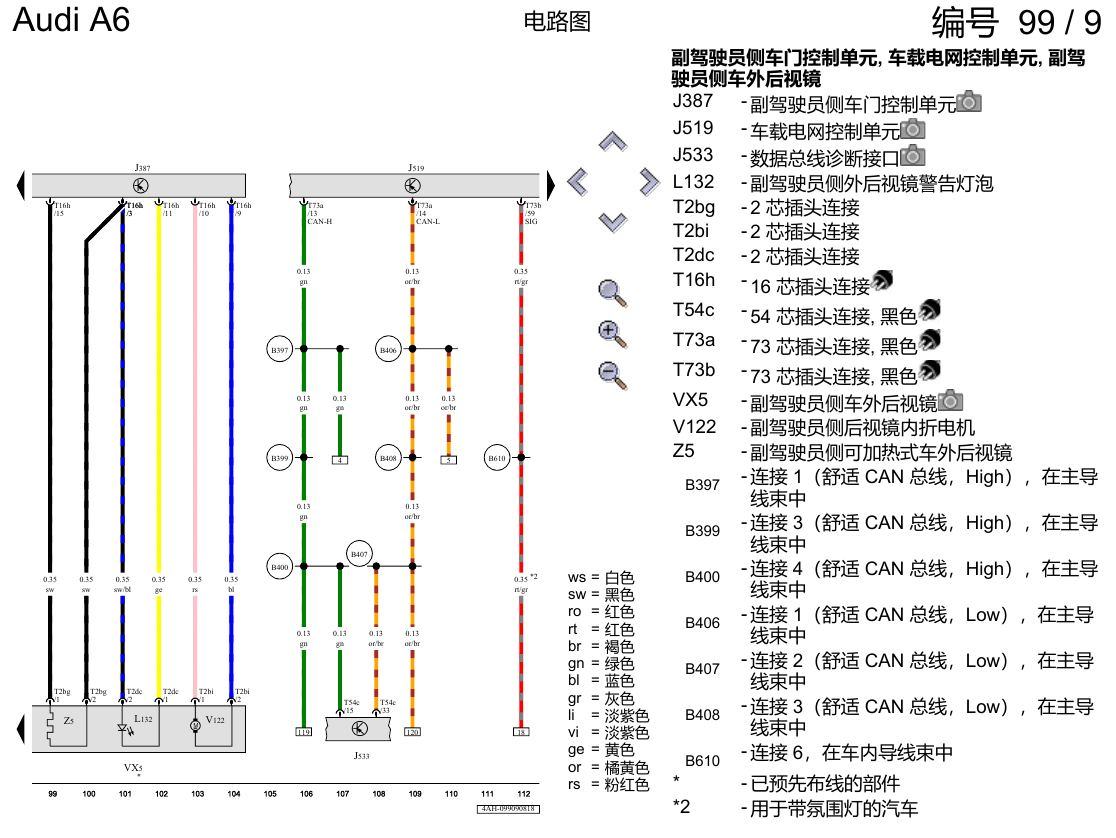 奥迪A6 C8 电路图 副驾驶员车门 , (L0R) 电路图