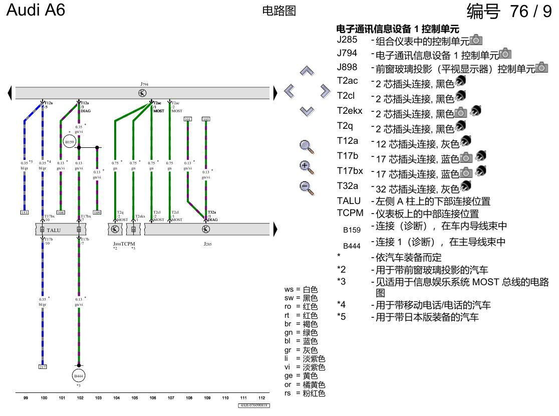 奥迪A6 C8 电路图 带收音机的多媒体界面(MMI) , (I8E),(I8V) 电路图