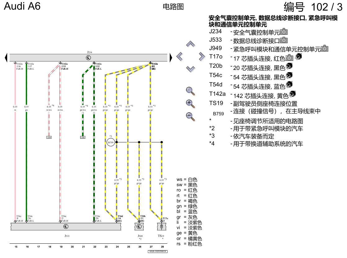 奥迪A6 C8 电路图 用于右置方向盘的安全气囊系统 , (4UE),(4UF),(L0R) 电路图