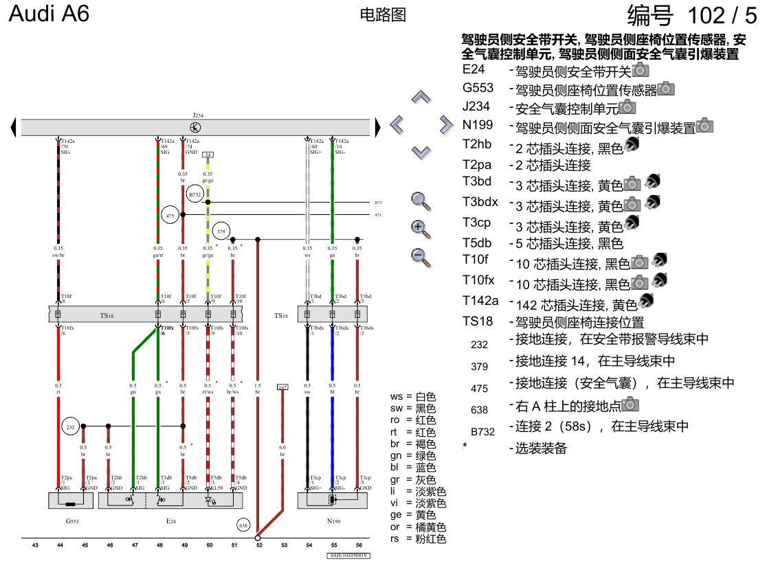 奥迪A6 C8 电路图 用于右置方向盘的安全气囊系统 , (4UE),(4UF),(L0R) 电路图