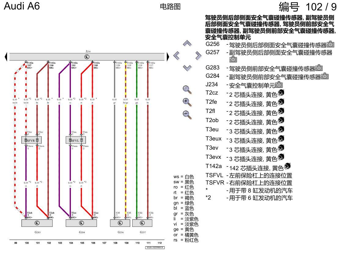 奥迪A6 C8 电路图 用于右置方向盘的安全气囊系统 , (4UE),(4UF),(L0R) 电路图