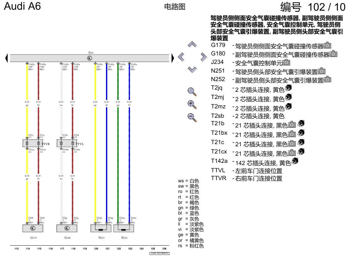 奥迪A6 C8 电路图 用于右置方向盘的安全气囊系统 , (4UE),(4UF),(L0R) 电路图