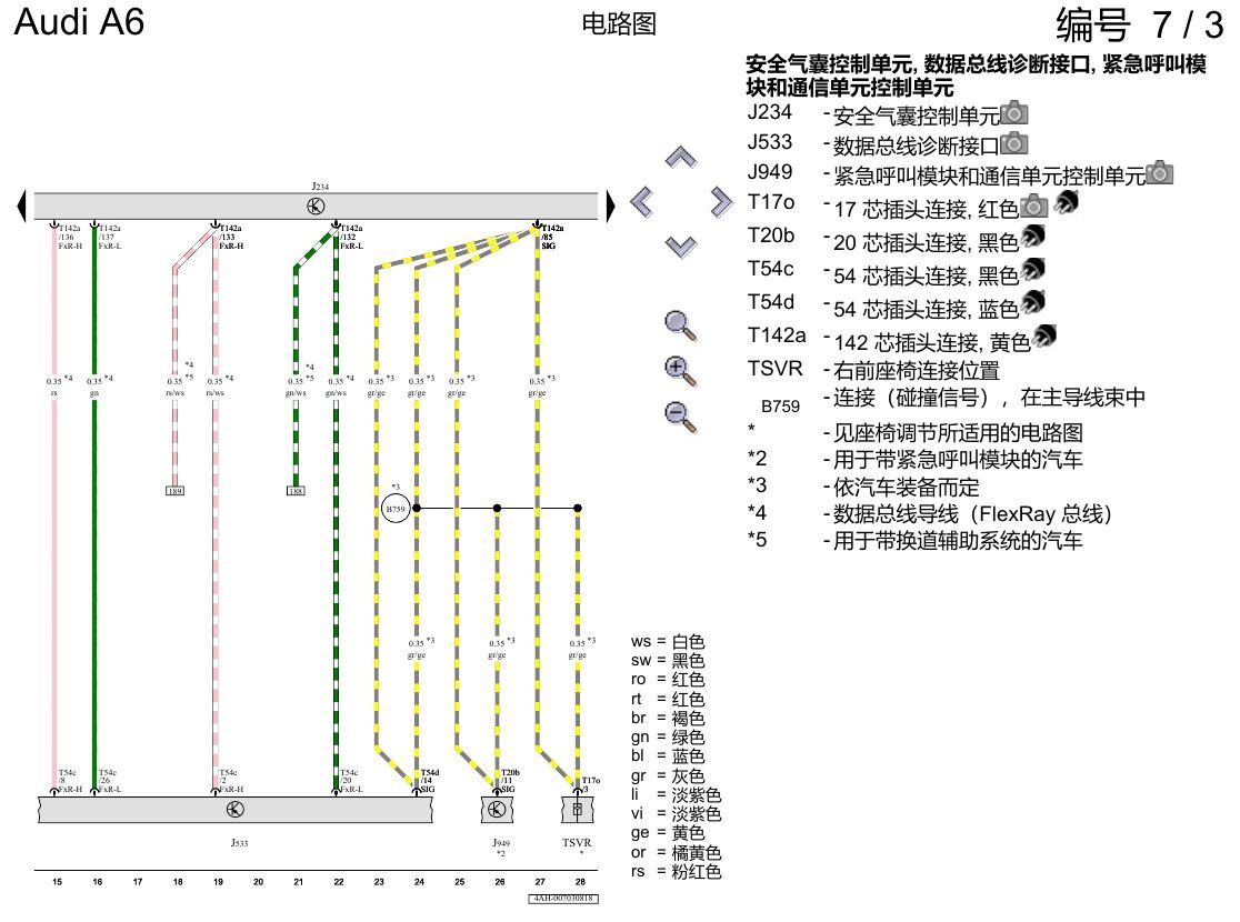 奥迪A6 C8 电路图 用于左置方向盘车型的安全气囊系统 , (4UE),(4UF) 电路图