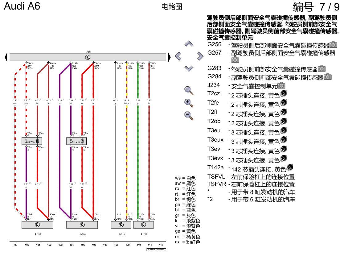 奥迪A6 C8 电路图 用于左置方向盘车型的安全气囊系统 , (4UE),(4UF) 电路图