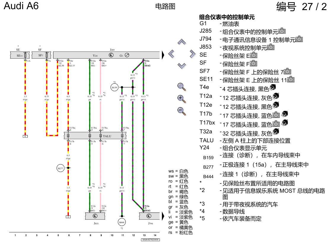 奥迪A6 C8 电路图 组合仪表 电路图
