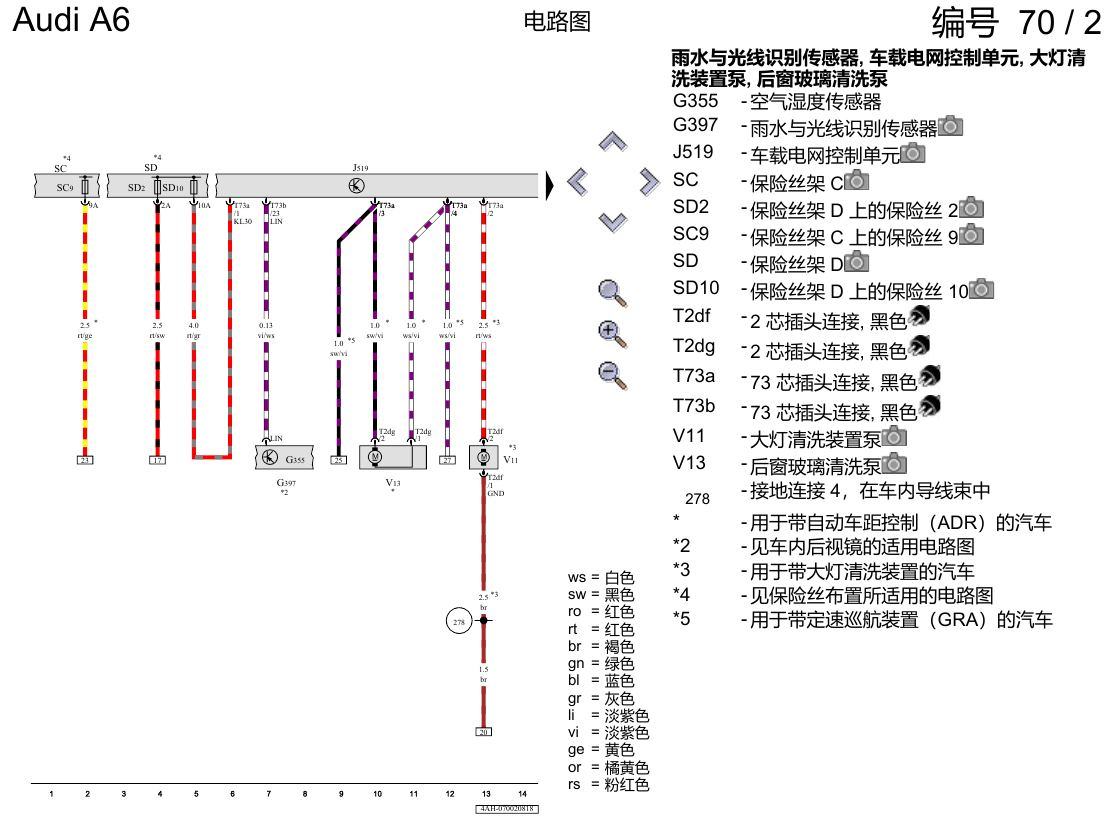 奥迪A6 C8 电路图 车窗玻璃刮水和清洗装置、可加热式喷嘴、大灯清洗装置 , (9PA) 电路图