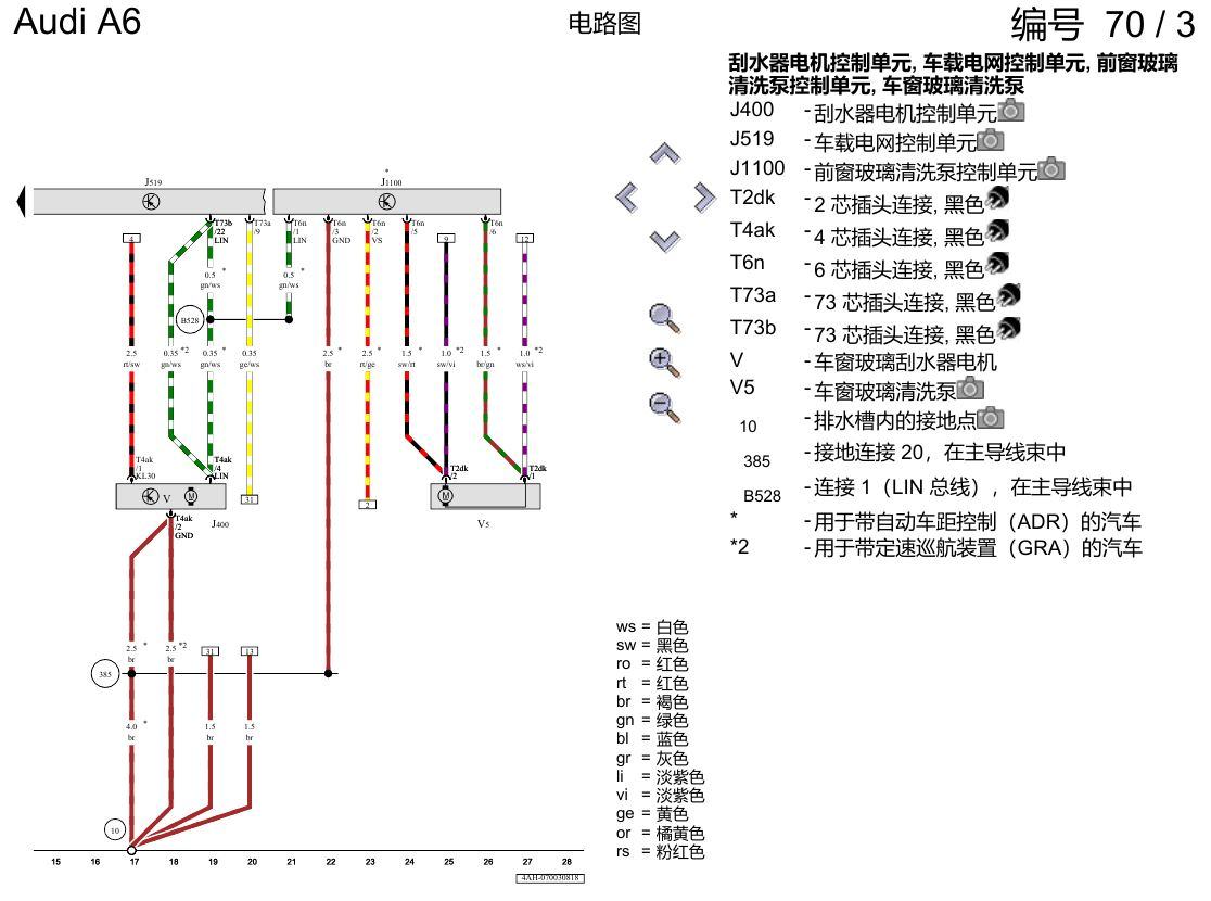 奥迪A6 C8 电路图 车窗玻璃刮水和清洗装置、可加热式喷嘴、大灯清洗装置 , (9PA) 电路图