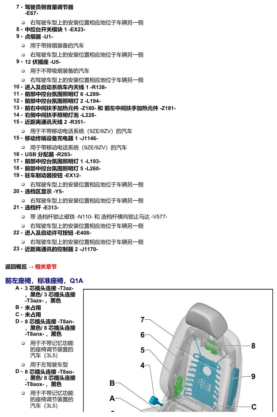 奥迪A8 D5 安装位置 汽车中部 电路图