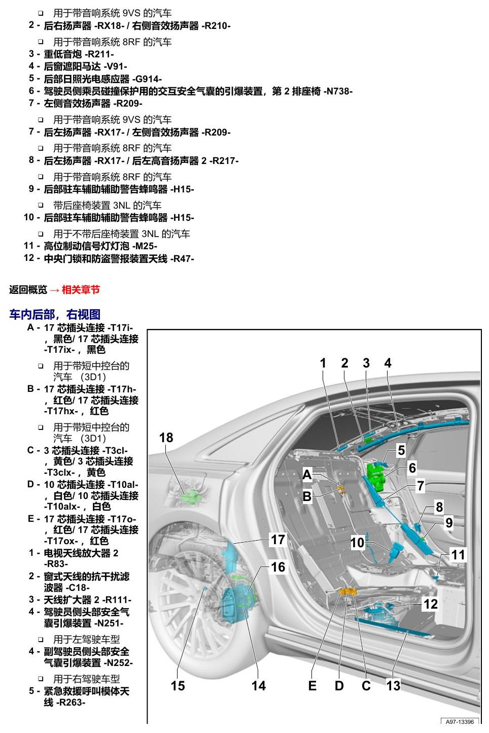奥迪A8 D5 安装位置 汽车中部 电路图